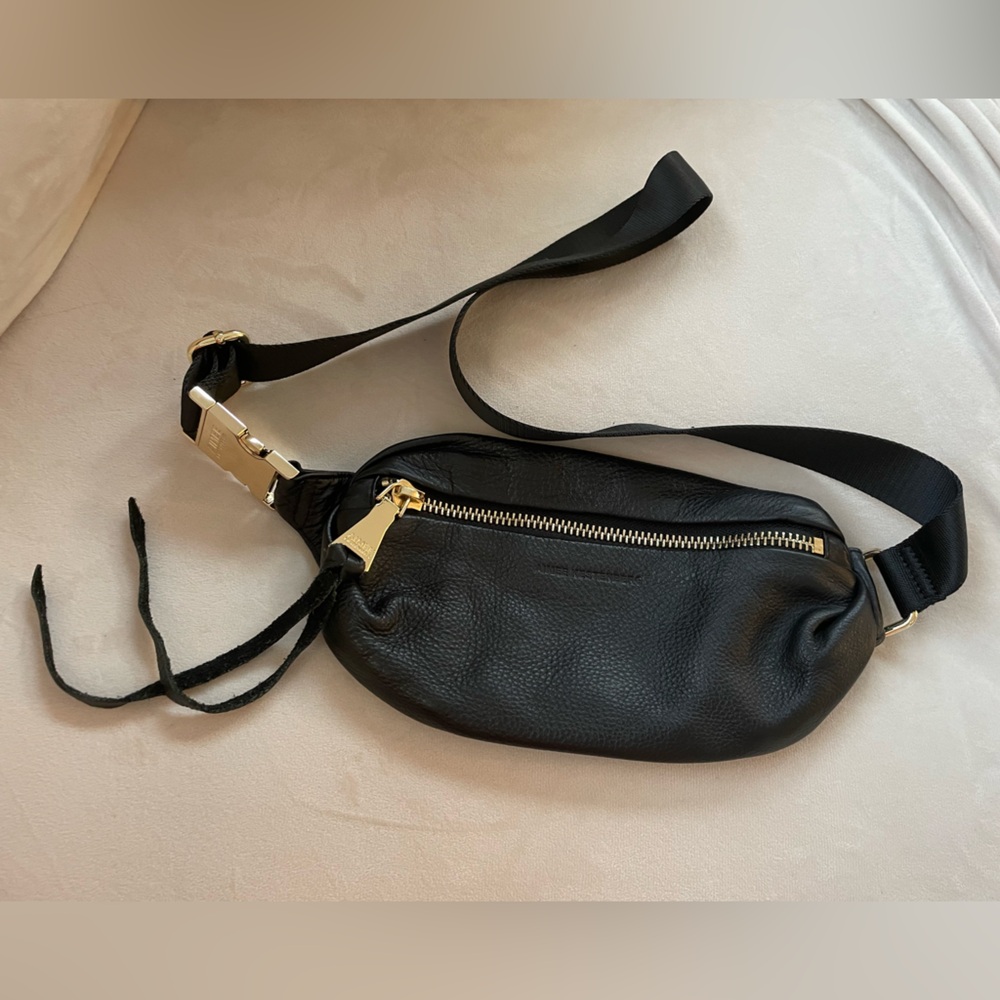 Black Leather Belt Bag with Gold Accents